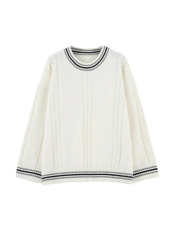 Sonicelife-Striped Trim Cable Knit Pullover Sweater