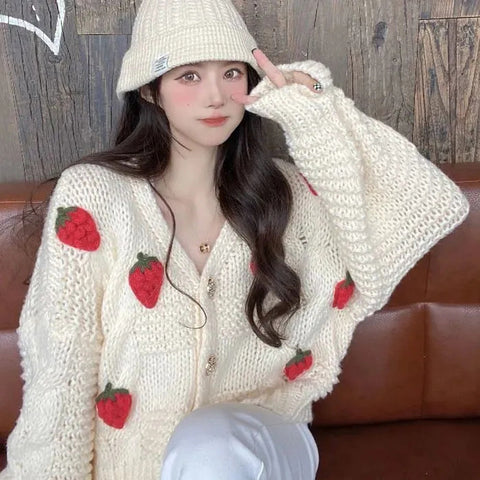 Sonicelife Women Harajuku Strawberry Loose Cardigan Sweater Fall Fashion Long Sleeve Korean Tops Chic Female Preppy Style Y2k Sweater