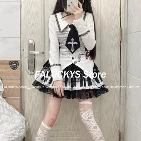 Sonicelife Y2k Gothic Punk Black White Short Skirt Women Hot Chick Darkly Polka Dot Ruffle Cake Skirt Female Sweet Chic Lolita Lace Skirts