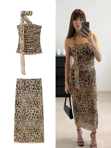 Sonicelife Ladies Sexy Fashion 2 Piece Set Women Summer Tulle Leopard Pleated Tops Vintage High Waist Midi Skirt Female Chic Skirts Set