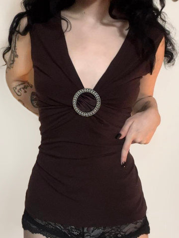 Sonicelife Vintage Y2k Brown Vest Women Mall Gothic Streetwear Harajuku Ring V-neck Tank Tops New Fashion Grunge Rave Outfits Femme