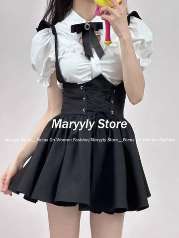 Sonicelife Summer Cute Girl Kawaii Two-piece Women Korean Stlye Elegant Pink Puffed Sleeves Heart Hollow Shirt + Black Suspender Mini Skirt