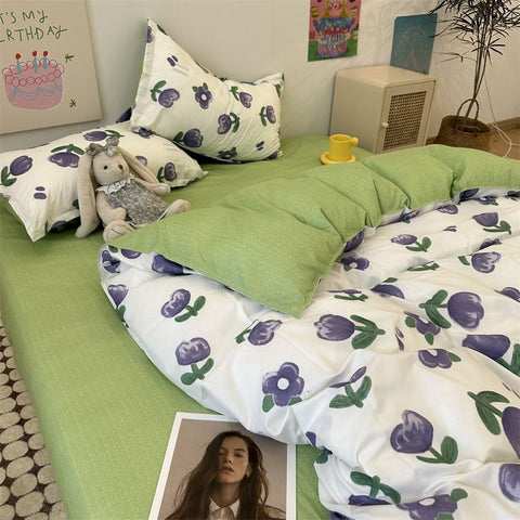 Sonicelife Floral Bedding Set Korean Style Twin Double Size Duvet Cover No Filling Pillowcases Sheet Fashion Boys Girls Gift Home Textile