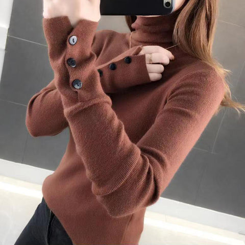 Sonicelife Women Turtleneck Solid Warm Sweater Buttons Long Sleeve Knit Basic Pullover Slim Office Jumper For Women 2024 Autumn Winter