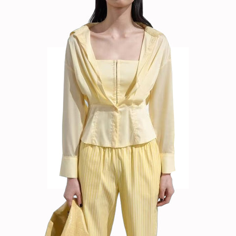 Sonicelife Women's New Striped Shirt Wrapped Chest Inner Lining Waist Slim Fit Commuting Style Single breasted Long sleeved Top
