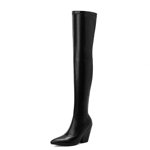 thanksgiving outfit Sonicelife Thigh Boots 60cm Shaft Pointed Toe Block Heel 9.5cm Stretchy Booties Sexy Party Big Size 47 48