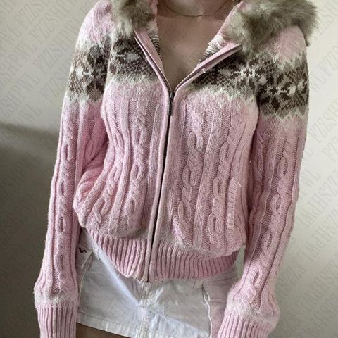 Sonicelife Fair Isle Aesthetics Women's Autumn Winter Knitted Fur Collar Cardigan Sweater Harajuku Retro Y2K Hoodie Hip Hop Goth Streetwear