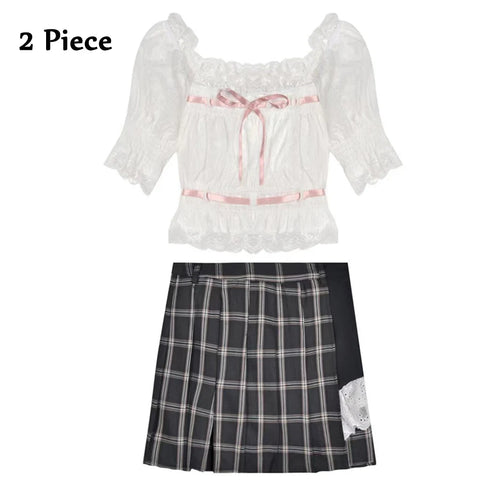 Sonicelife Cute Women Lace Irregular Pleated Skirts Harajuku Lace Plaid Stitching Lolita Skirts Female Sweet Black Pink Pleated Skirt Mujer