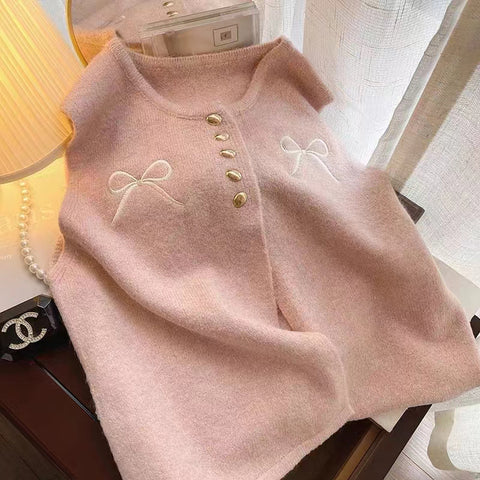 Sonicelife Sweet Bow Knitted Vests Women Casual Loose O Neck Korean Embroidery Jacket Vest Elegant Vintage Female Fall All Match Vest