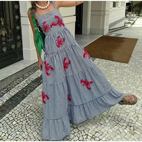 Sonicelife Embroidery Plaid Long Dresses Women Sleeveless Slip Midi Dress Woman Pleated Backless Beach Dress Vintage Summer Dress