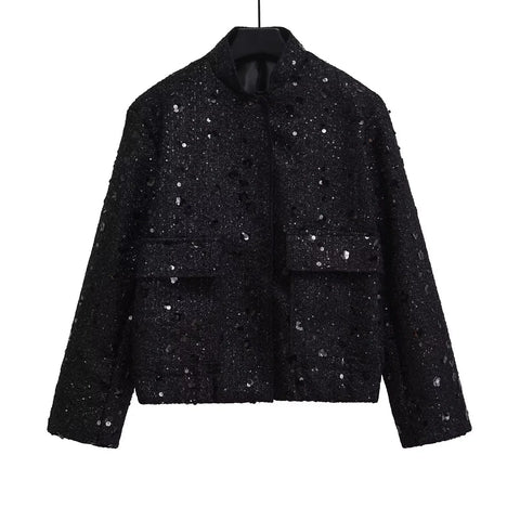 christmas outfit Sonicelife Women's Sequined Bomber Jacket Fall O Neck Long Sleeve Pocket Stretch Hem Sequins Jacket Coat Female Chic Outerwear