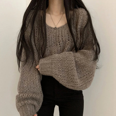 Sonicelife Women Hollow Out Solid Sweater Lantern Sleeve O-Neck Knitted Pullovers Casual Loose Sweater For Women 2024 Autumn Winter