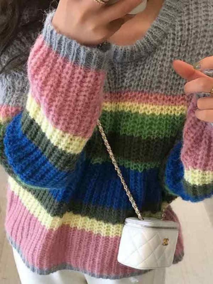 Sonicelife-Knit Rainbow Stripe Loose Sweater