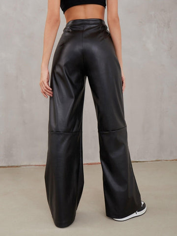 Sonicelife-Casual High Waist PU Wide Leg Pants