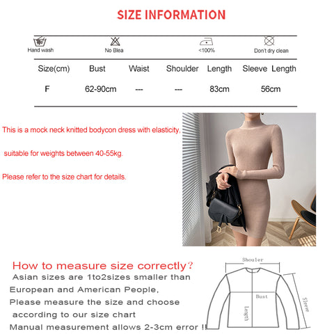 Sonicelife Mock Neck Solid Slim Sweater Dress Long Sleeve Knit Sexy Bodycon Dress Basic Casual Dress for Women Autumn Winter