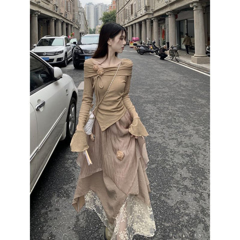 Sonicelife Elegant Irregular Long Sleeve Chic Tops Women Y2K High Waist Pleated A Line Skirt Autumn New All Match Slim Two Piece Sets