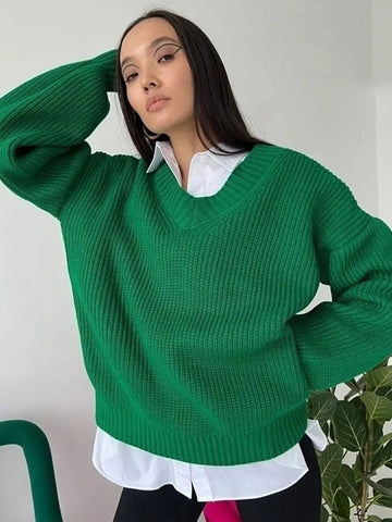 Black Friday Sonicelife Casual Knitted V-neck Sweaters Women Vintage Loose Solid Thin Pullover Sweater Female Autumn Soft Chic Daily Street Outwear