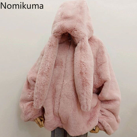 Sonicelife Winter Oversized Warm White Faux Fur Coats Women Clothes Bunny Ears Kawaii Sweet Cute Japanese Y2k Tops Fluffy Jacket Hoodie