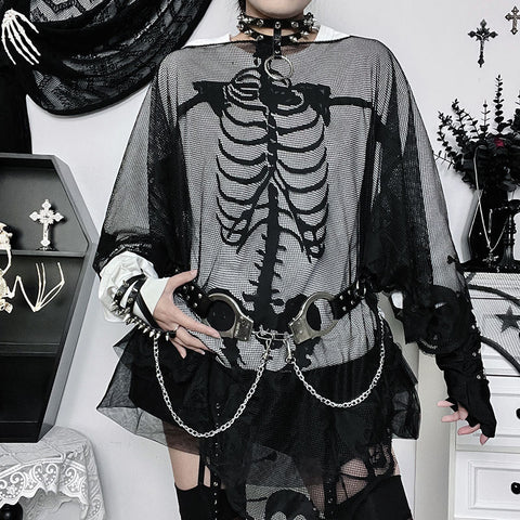 Sonicelife American Y2K Gothic Skull Lace Cape T-Shirt Women Retro Punk Street Loose Hollow Hot Girl Outerwear Halloween Festival Party Top