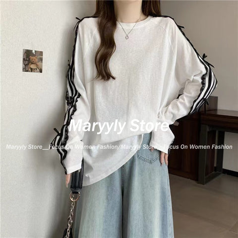 Sonicelife Sweet Loose Long Sleeve Patchwork Lace Tops Harajuku High Street Korean All Match Oversieze Women Clothing Y2k Aesthetic Tees