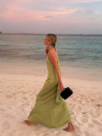 Sonicelife Elegant Green Satin Sleeveless Maxi Dress Chic Stand Neck Lace Up Backless Dresses New Female Summer Vacation Beach Vestido 2025