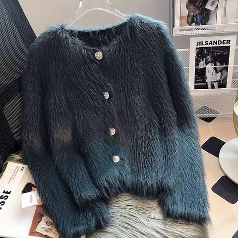 Black Friday Sonicelife Faux Mink Knitted Cardigan Women Single-Breasted Elegant Solid Loose Fall Winter Soft Jacket Office Lady V-Neck Sweater Blouse