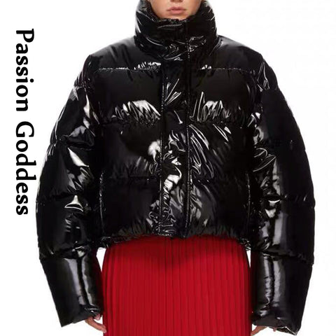Sonicelife Women Winter Bright PU Puffer Jacket Warm Thick Bubble Coat Oversize Zipper Glossy Leather Down Parka Outerwear Cute Pink Jacket