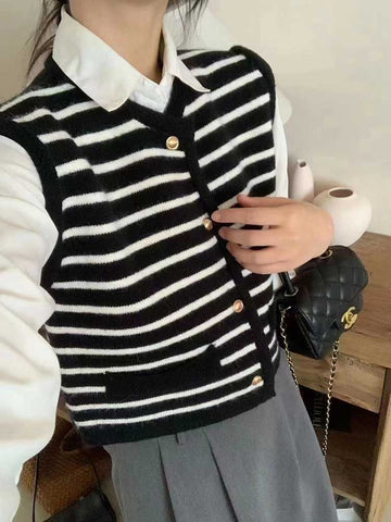 Sonicelife Vintage Striped Cardigan Vest Women Casual Harajuku Y2k Knitted Sweater Vest Fall Female Retro Korean Single Breasted Tops