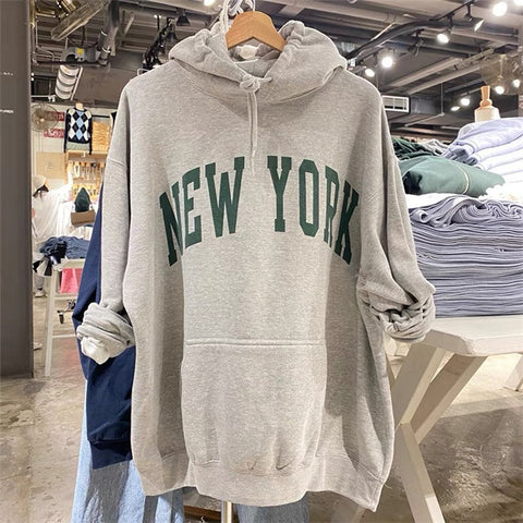 Sonicelife Letter Print Oversize Hoodie Women Autumn Casual Long Sleeve Gray Hooded Pullovers Top Vintage Streetwear Cotton Hoodies 2025