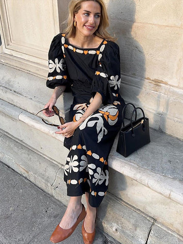 Sonicelife Fashion Print Square Collar Long Dress Women Loose Puff Sleeve Hollow Out Female Dresses 2024 Summer Lady Elegant Holiday Robes