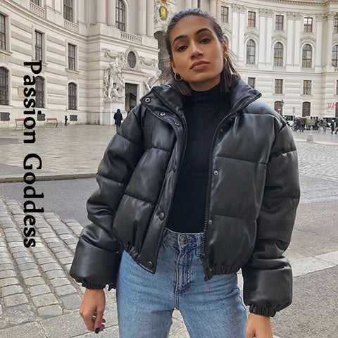 Sonicelife Winter Women Faux Leather Parkas Jacket Stand Collar Warm Bubble Coat Down Parka Puffer Jackets Outwear Cropped Parka Mujer 2020