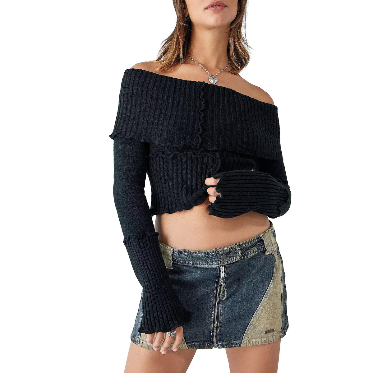 thanksgiving outfit Sonicelife Women s Off-Shoulder Cropped Tops Ribbed Knit Long Sleeve Lettuce Edge Trims Sweater Slim Fitted Y2K Knitwear