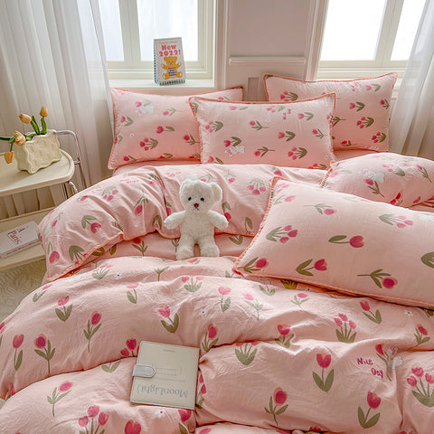 Sonicelife Pink Tulip Double Layer Yarn Quilt Cover Bed Sheet Pillowcase Twin Queen Size Bedding Set Girls Women Duvet Cover Set No Filler