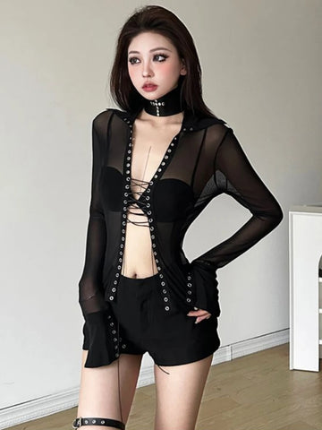 Sonicelife Y2k Aesthetic Sexy Vintage Blouse Women Gauze Patchwork Bodycon Grunge Shirt Harajuku See Through Bandage Streetwear Tops New