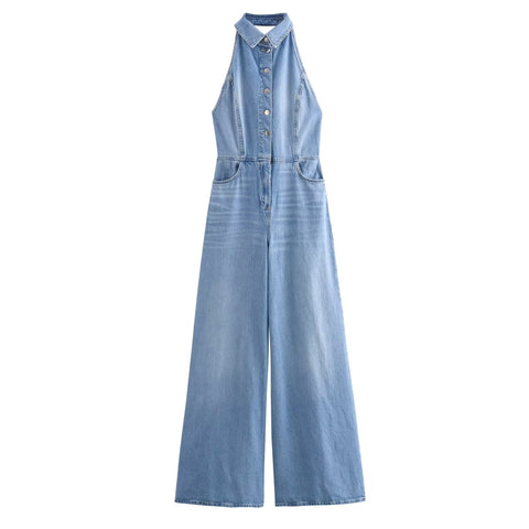Sonicelife Women's Denim Jumpsuit with Hanging Neck Single Breasted Design Fashionable and Sexy Temperament Hanging Back New
