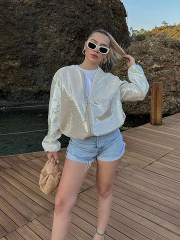 christmas outfit Sonicelife Fashion Sequins Bomber Jackets for Women 2025 Chic Female Casual Jacket Coats Ladies O-Neck Long Sleeve New Outerwear