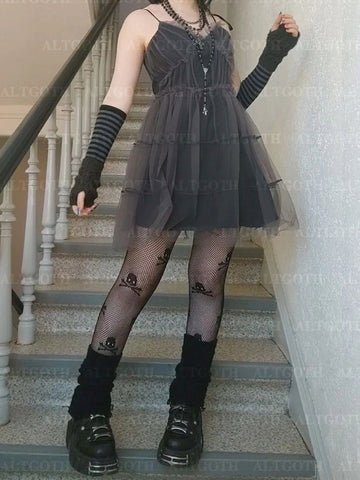 Sonicelife Y2k Gothic Mesh Dress Women Fairycore Grunge Streetwear Sexy Spaghetti Strap High Waist A-line Dress Soft Goth Outfits