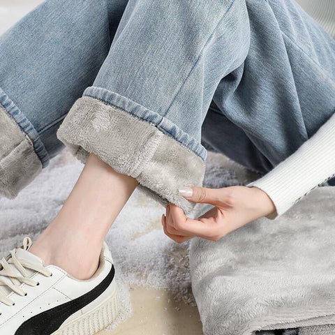 Sonicelife High Waist Straight Pants Cashmere Thermal Jeans Casual Loose Thickened Office Trousers Women Autumn Winter