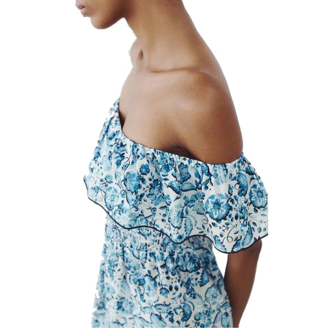 Sonicelife Women's One Line Neck Long Dress with Flower Print Off the Shoulder Slim and Sexy Style New