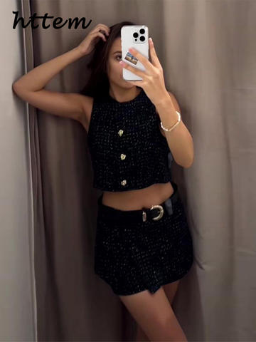 Sonicelife Fashion Tweed Vest Shorts Sets Women Slim Single Breasted Vests High Waist Short Pants With Belt 2024 Autumn Lady Elegant Outfit