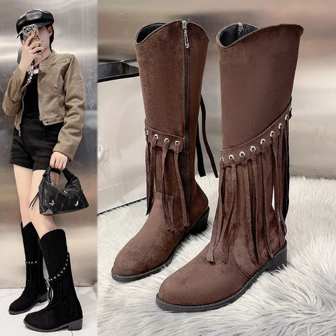 Sonicelife Luxury Shoes for Women 2025  Fashion Bohemia Knee-length Women's Boots New Pointed Tassels Faux Suede Boots Ladies Platform Shoes