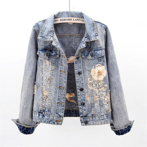 Sonicelife 2025 New Autumn Women’s Denim Jacket Long Sleeve Overcoat Loose Three-dimensional Button Pearls Outwear Ripped Jeans Jackets