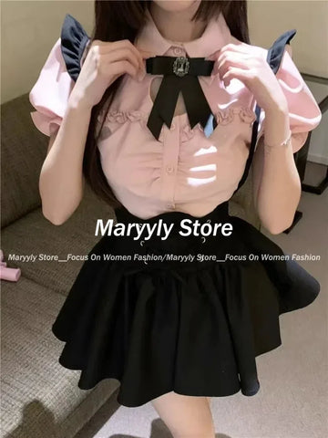 Sonicelife Summer Cute Girl Kawaii Two-piece Women Korean Stlye Elegant Pink Puffed Sleeves Heart Hollow Shirt + Black Suspender Mini Skirt