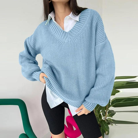 Black Friday Sonicelife Casual Knitted V-neck Sweaters Women Vintage Loose Solid Thin Pullover Sweater Female Autumn Soft Chic Daily Street Outwear