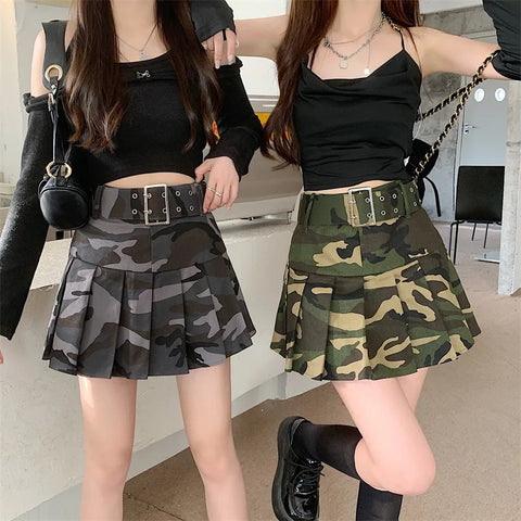 Sonicelife Summer Women Pink Camouflage Pleated Skirts Dance Girls School High Waist Belt Camo Pleated Skirts Cosplay  A Line Mini Skirts