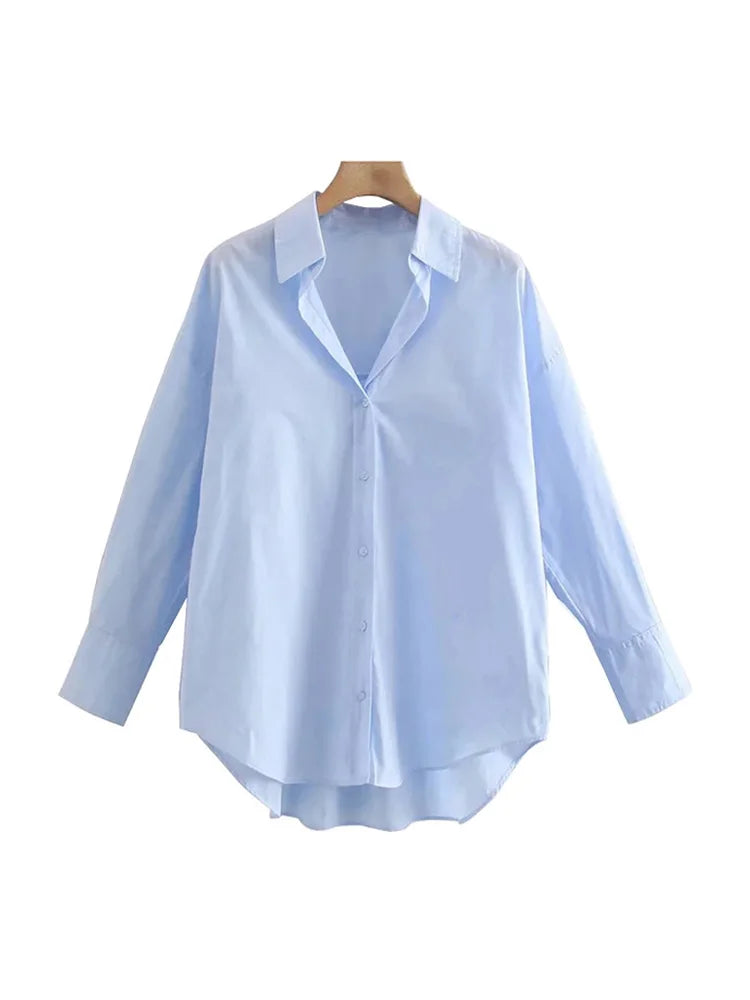 Sonicelife Women Fashion Office Wear Loose Poplin Solid Shirts Vintage Long Sleeve Button-up Casual Female Blouses Blusas Chic Tops