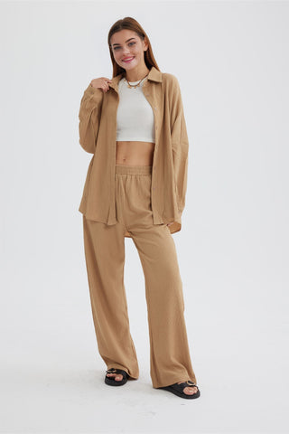 Sonicelife-Two Piece Solid Color Long Sleeve Shirt Long Pants Set