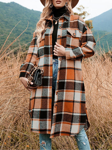 Sonicelife-Lapel Collar Loose Woolen Plaid Coat