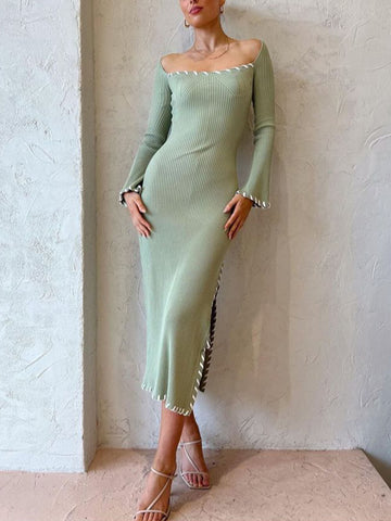 Sonicelife-High Waist Solid Color Bodycon Slit Midi Dress