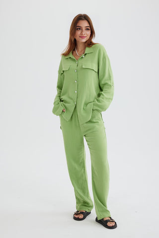 Sonicelife-Long Sleeve Pocketed Slit Shirt Long Pants Suits